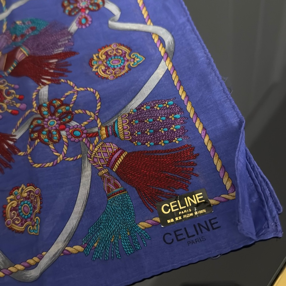 Celine Blue Silk Scarf with Multicolor Embroidery - Picture 2 of 3